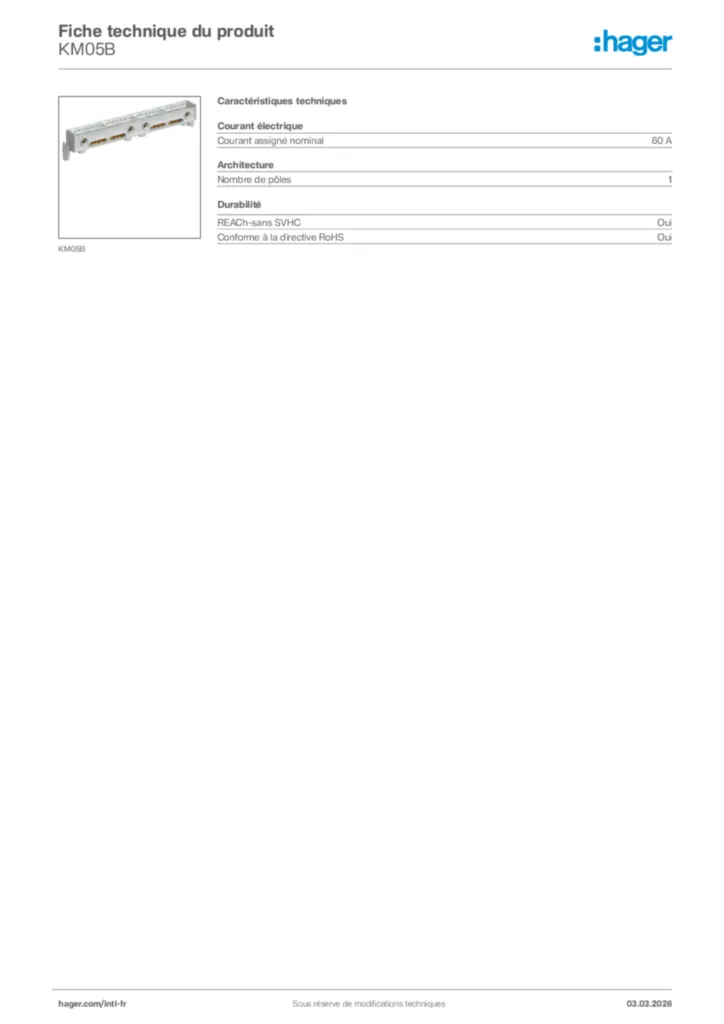 Image Hager Fiche technique du produit KM05B | Hager Afrique