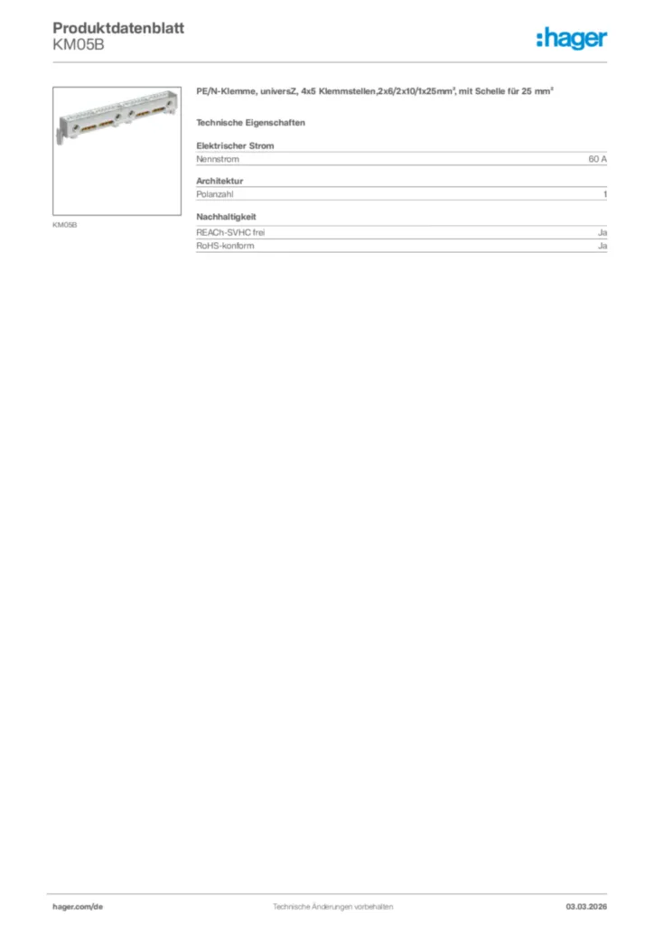 Bild Hager Produktdatenblatt KM05B | Hager Deutschland