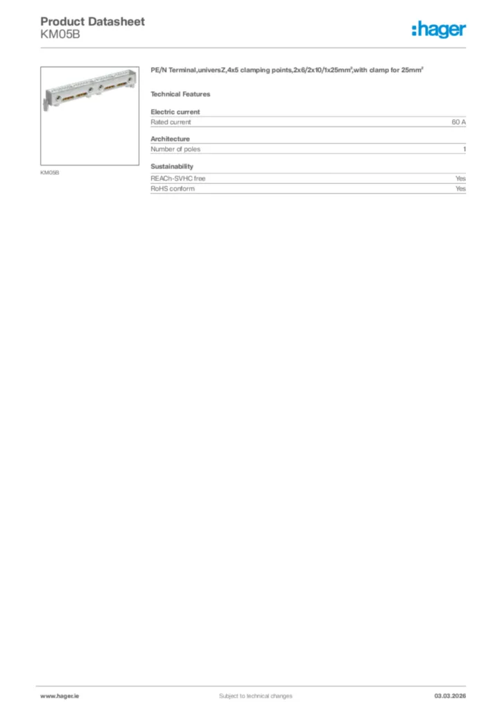 Image Hager Product data sheet KM05B  | Hager
