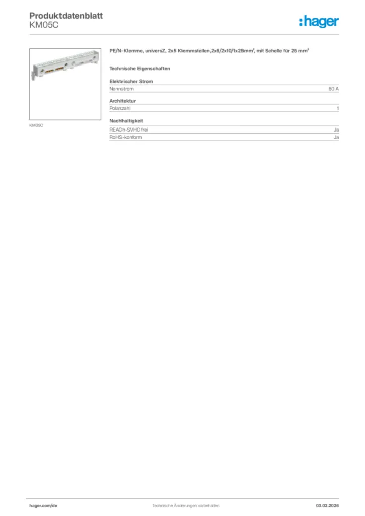 Bild Hager Produktdatenblatt KM05C | Hager Deutschland
