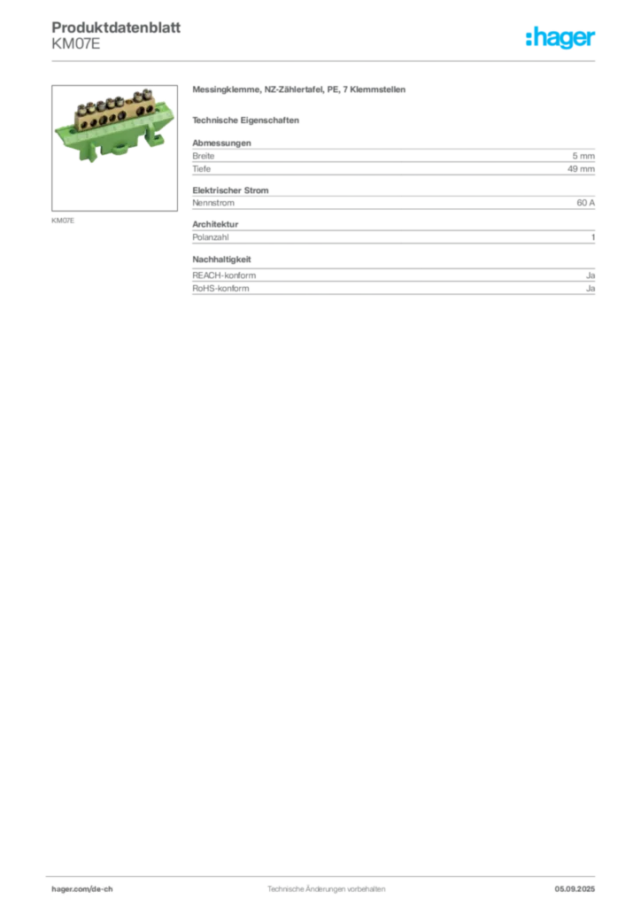 Bild Hager Produktdatenblatt KM07E | Hager Schweiz
