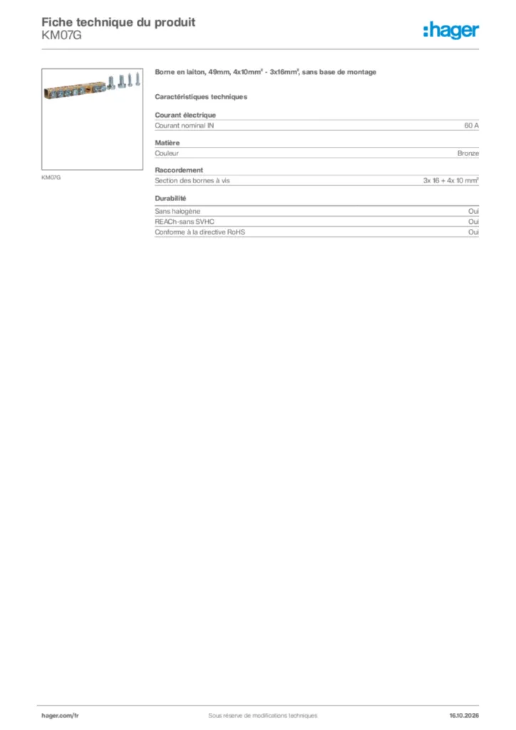 Image Hager Fiche technique du produit KM07G | Hager France