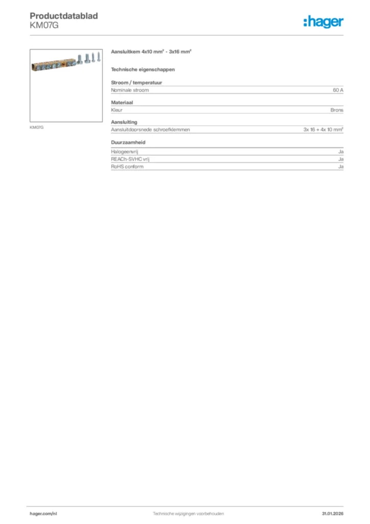 Afbeelding Hager Productdatablad KM07G | Hager Nederland