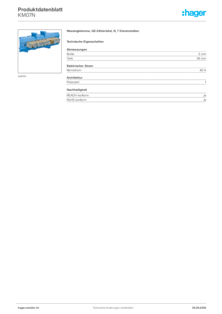 Bild Hager Produktdatenblatt KM07N | Hager Schweiz