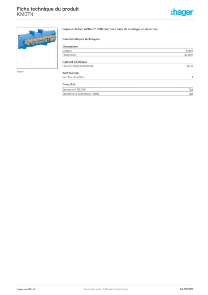 Image Hager Fiche technique du produit KM07N | Hager Suisse
