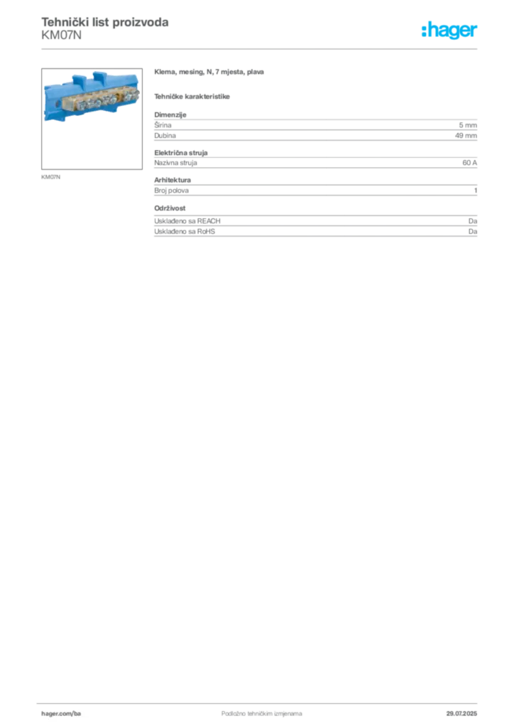 Slika Hager Product data sheet KM07N  | Hager
