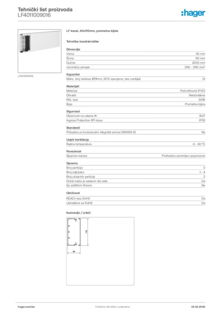 Slika Hager Tehnički list proizvoda LF4011009016  | Hager