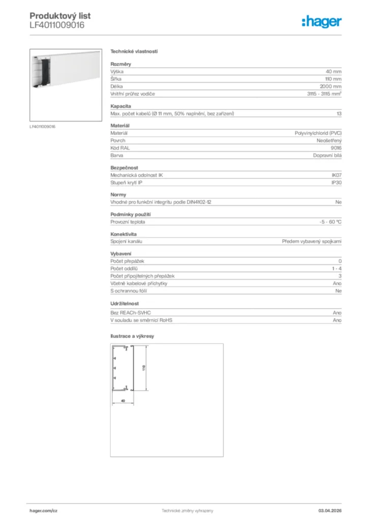 Obrázek Hager Product data sheet LF4011009016 | Hager