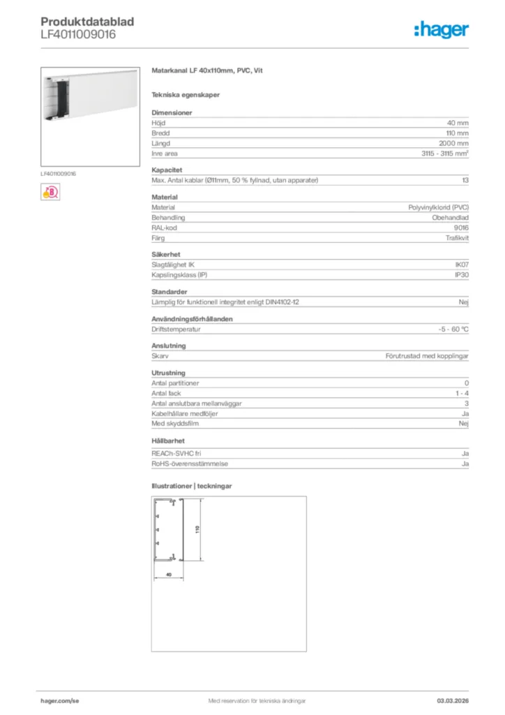 Bild Hager Produktdatablad LF4011009016 | Hager Sverige