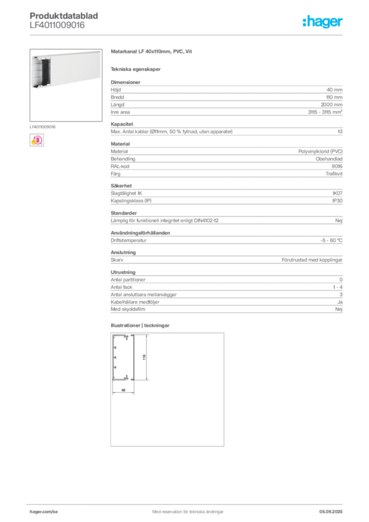 Bild Hager Produktdatablad LF4011009016 | Hager Sverige