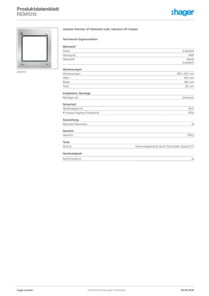 Bild Hager Produktdatenblatt REM101X | Hager Deutschland