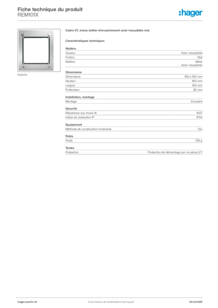 Image Hager Fiche technique du produit REM101X | Hager Suisse