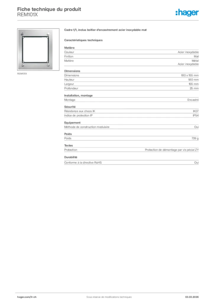 Image Hager Fiche technique du produit REM101X | Hager Suisse