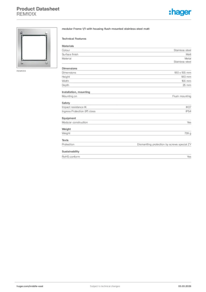 Image Hager Product data sheet REM101X  | Hager