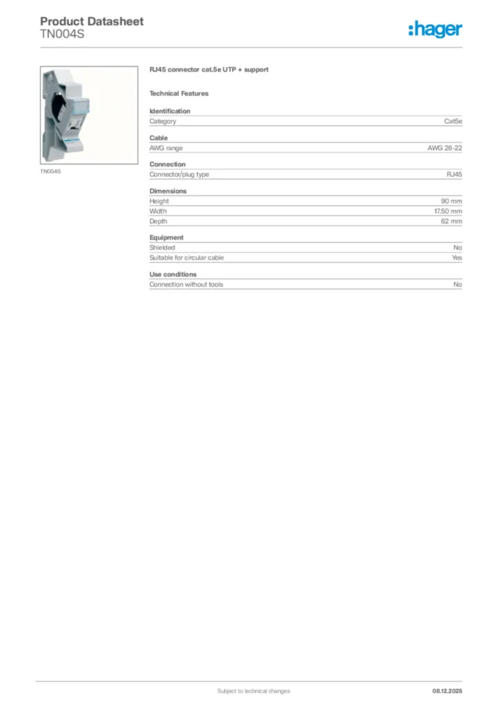 Image Hager Product data sheet TN004S  | Hager Africa