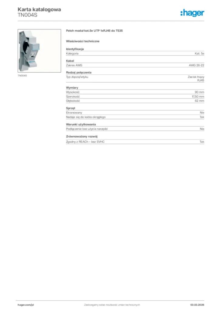 Zdjęcie Hager Karta katalogowa TN004S | Hager Polska