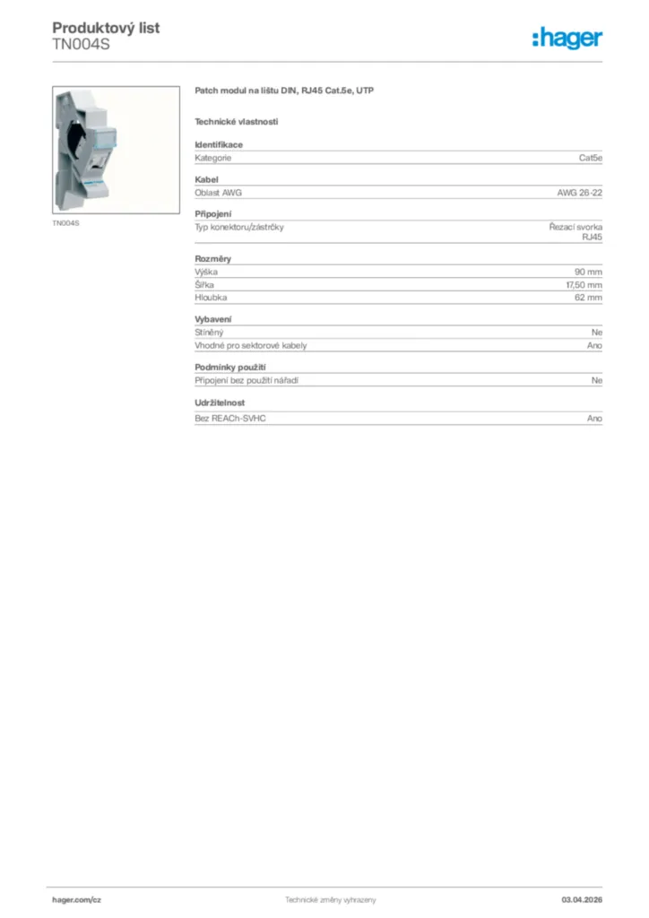 Obrázek Hager Product data sheet TN004S | Hager