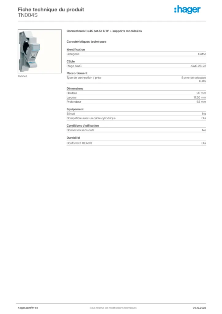 Image Hager Fiche technique du produit TN004S | Hager Belgique