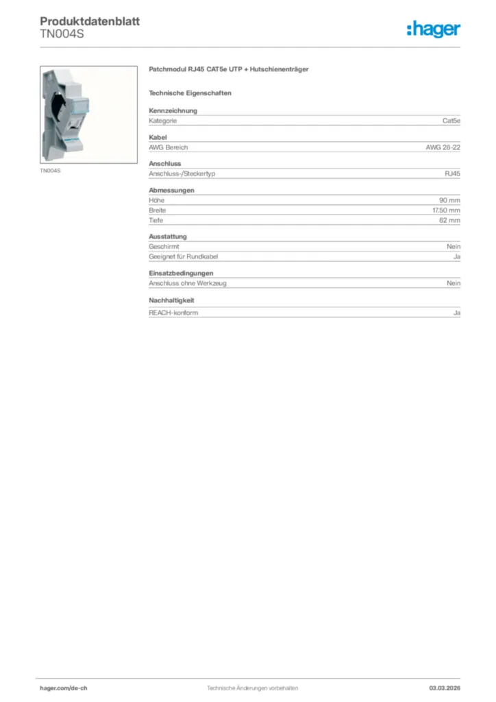 Bild Hager Produktdatenblatt TN004S | Hager Schweiz