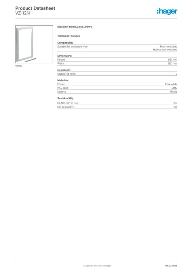 Image Hager Product data sheet VZ112N  | Hager Africa