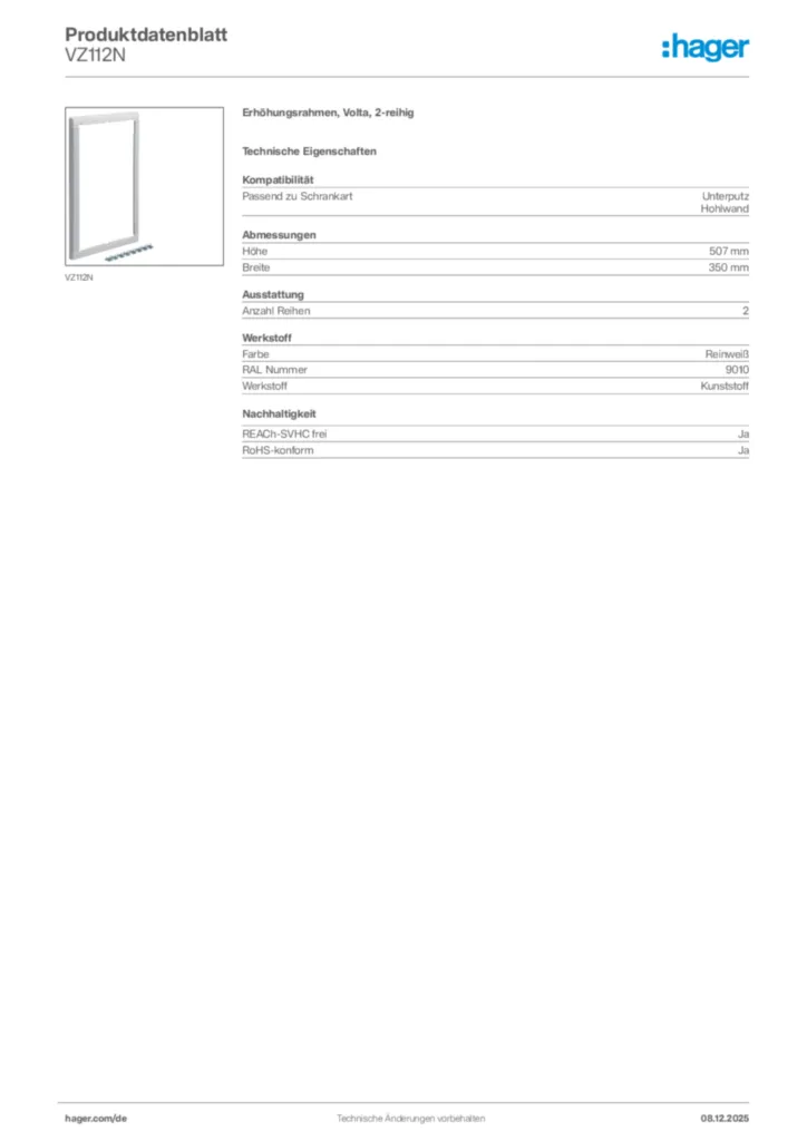 Hager Produktdatenblatt VZ112N