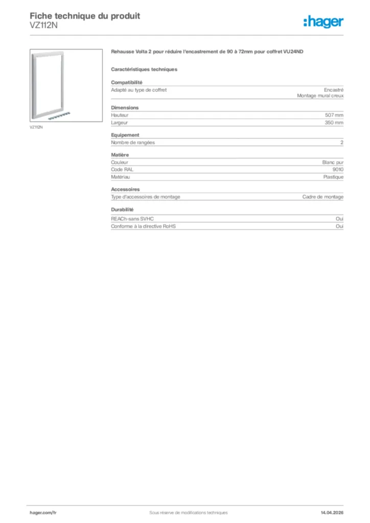 Image Hager Fiche technique du produit VZ112N | Hager France