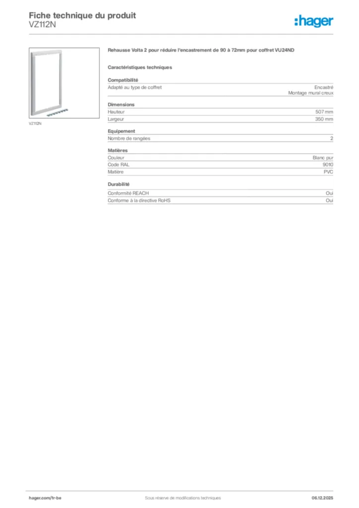 Image Hager Fiche technique du produit VZ112N | Hager Belgique