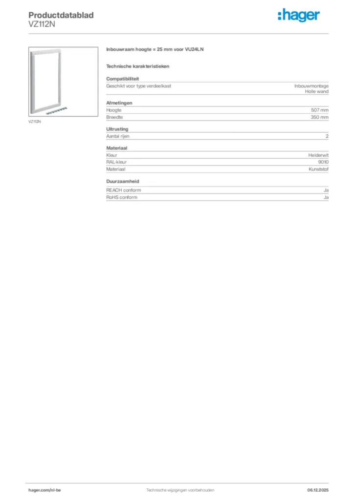 Afbeelding Hager Productdatablad VZ112N | Hager Belgium