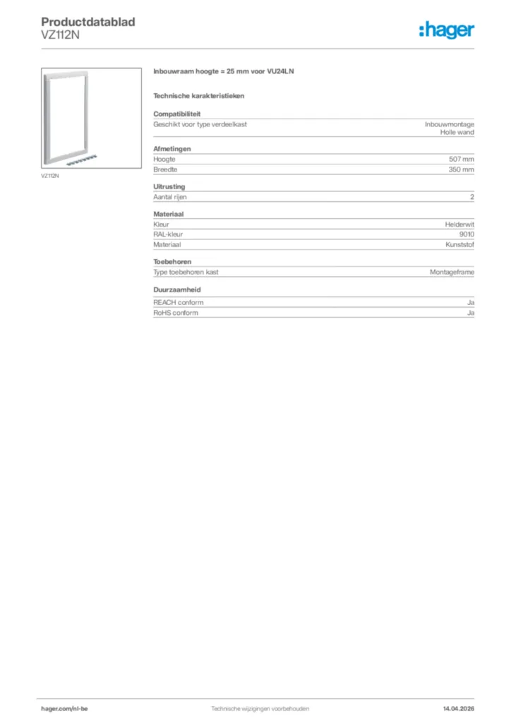 Afbeelding Hager Productdatablad VZ112N | Hager Belgium