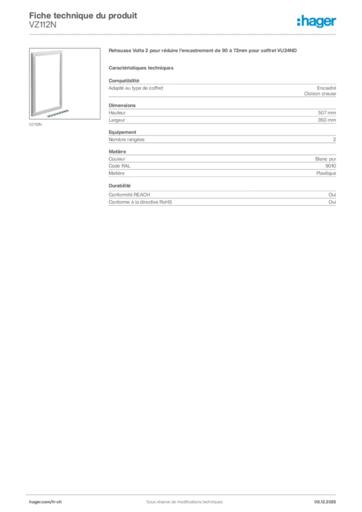 Image Hager Fiche technique du produit VZ112N | Hager Suisse