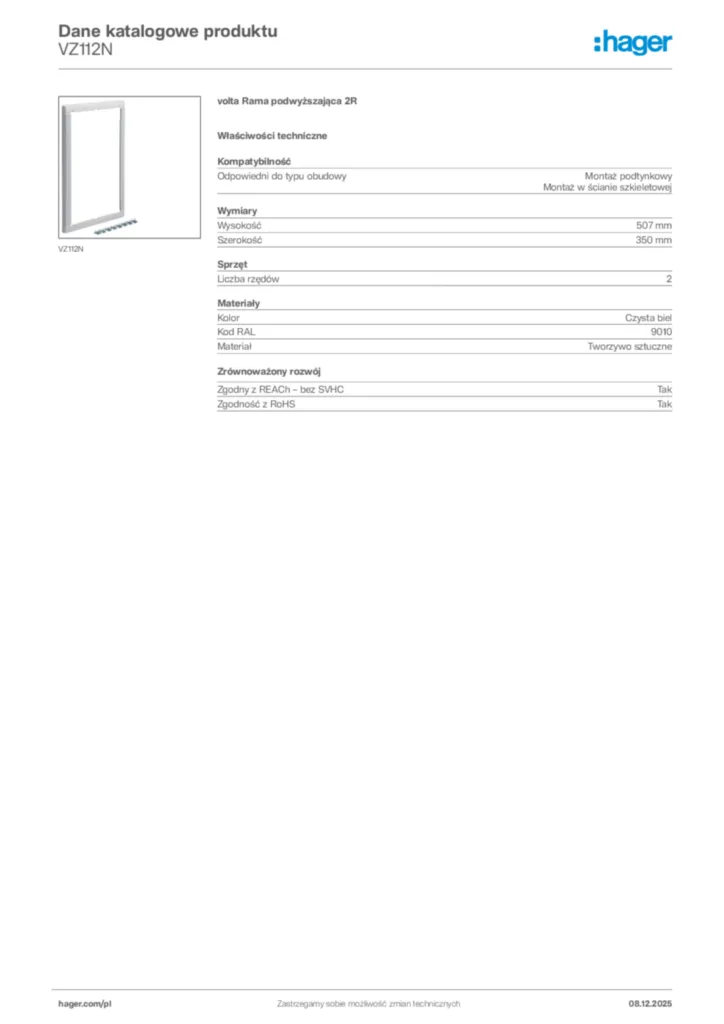 Zdjęcie Hager Karta katalogowa VZ112N | Hager Polska