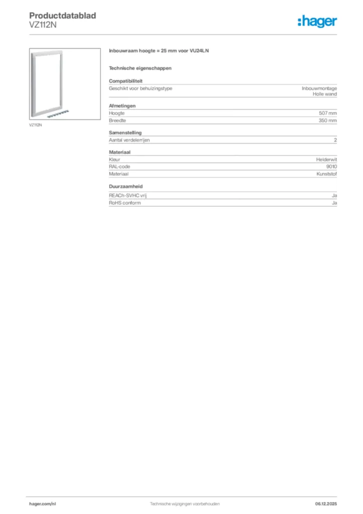 Afbeelding Hager Productdatablad VZ112N | Hager Nederland