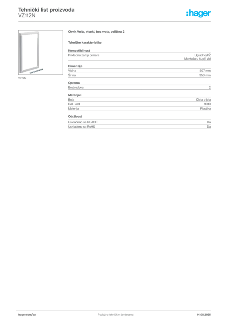 Slika Hager Product data sheet VZ112N  | Hager