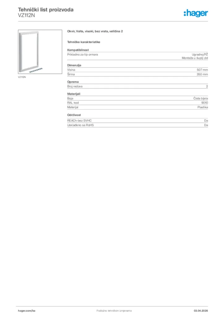 Slika Hager Tehnički list proizvoda VZ112N  | Hager