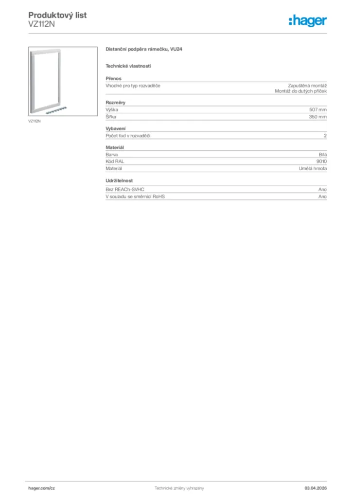 Obrázek Hager Product data sheet VZ112N | Hager