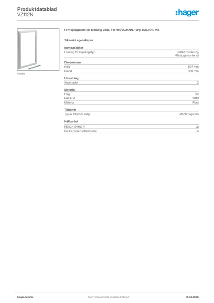Bild Hager Produktdatablad VZ112N | Hager Sverige