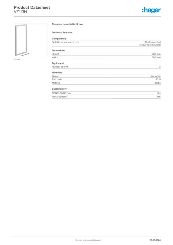 Image Hager Product data sheet VZ113N  | Hager Africa
