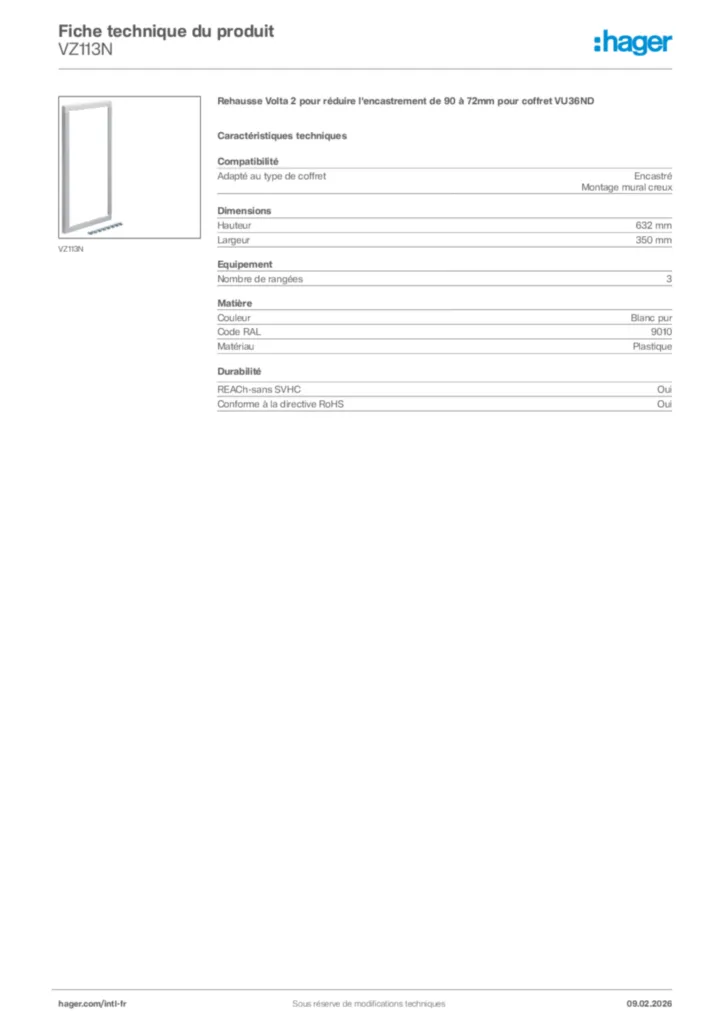 Image Hager Fiche technique du produit VZ113N | Hager Afrique