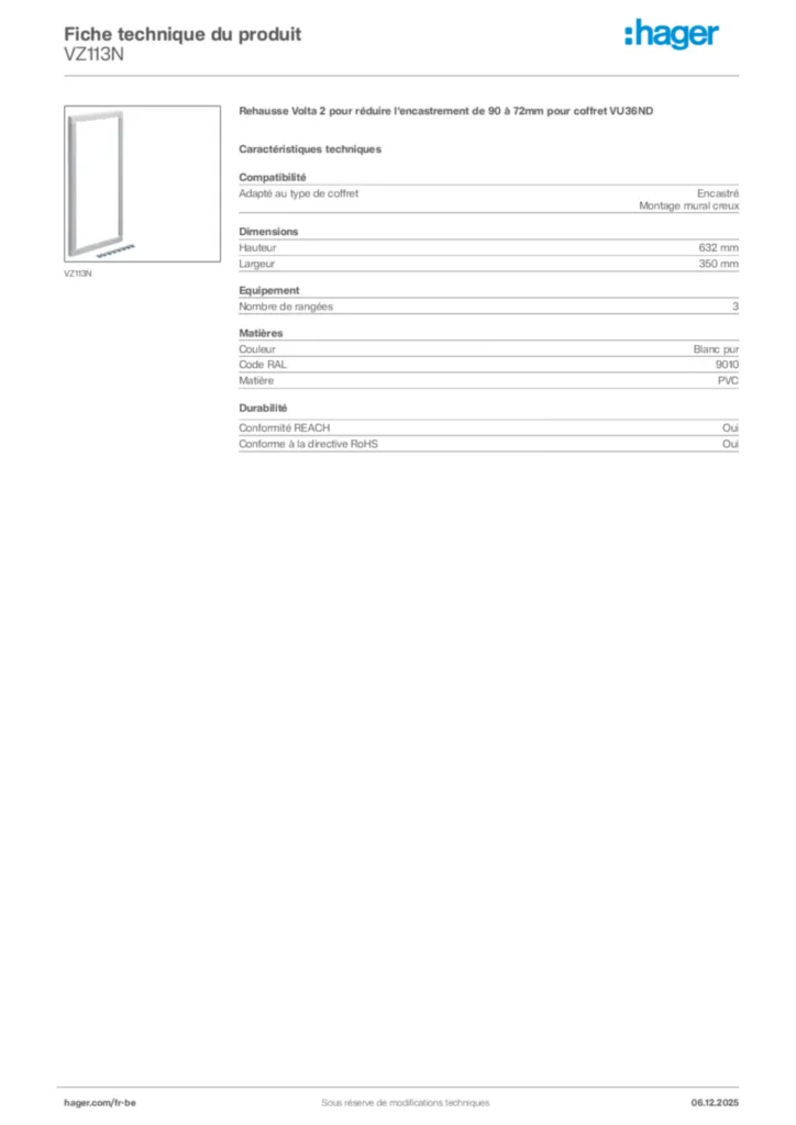 Image Hager Fiche technique du produit VZ113N | Hager Belgique
