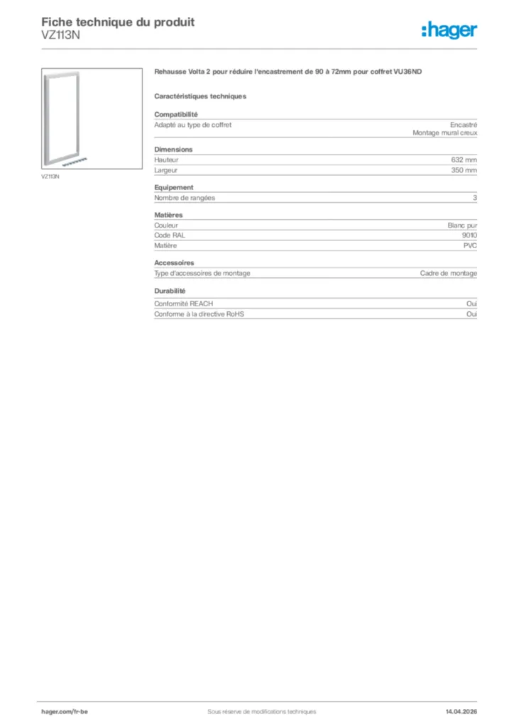 Image Hager Fiche technique du produit VZ113N | Hager Belgique