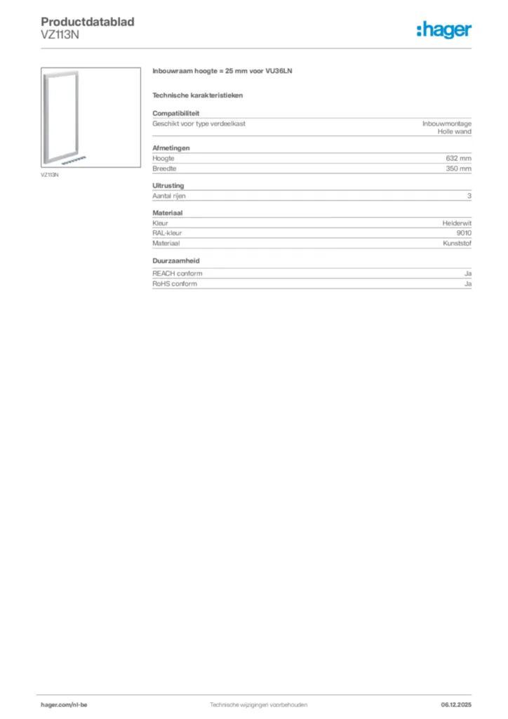 Afbeelding Hager Productdatablad VZ113N | Hager Belgium