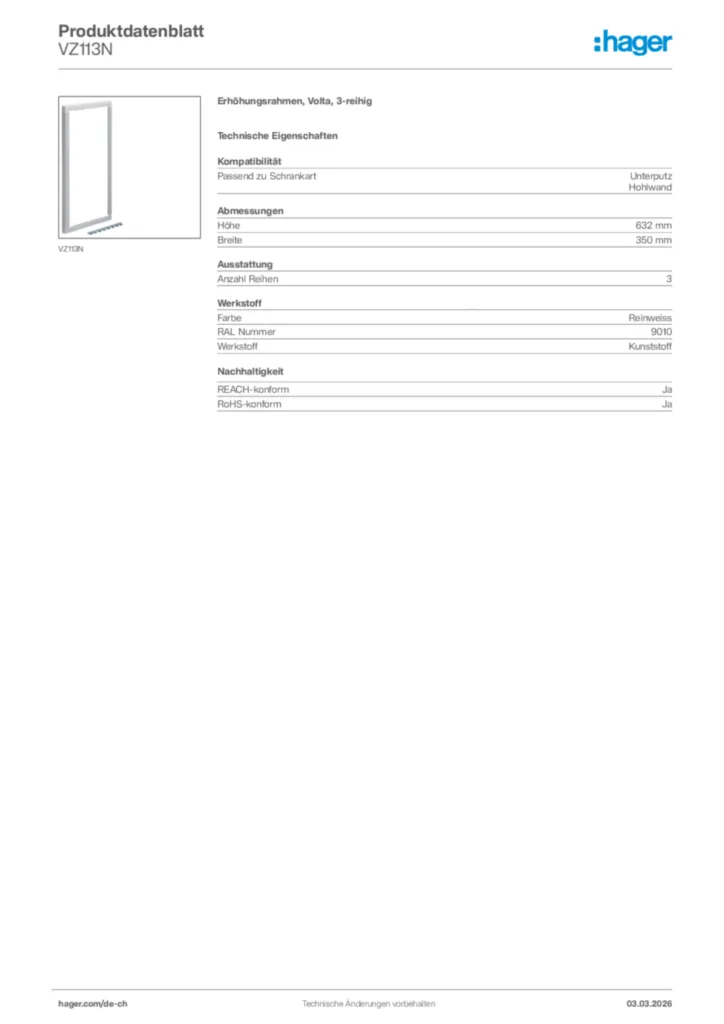 Bild Hager Produktdatenblatt VZ113N | Hager Schweiz