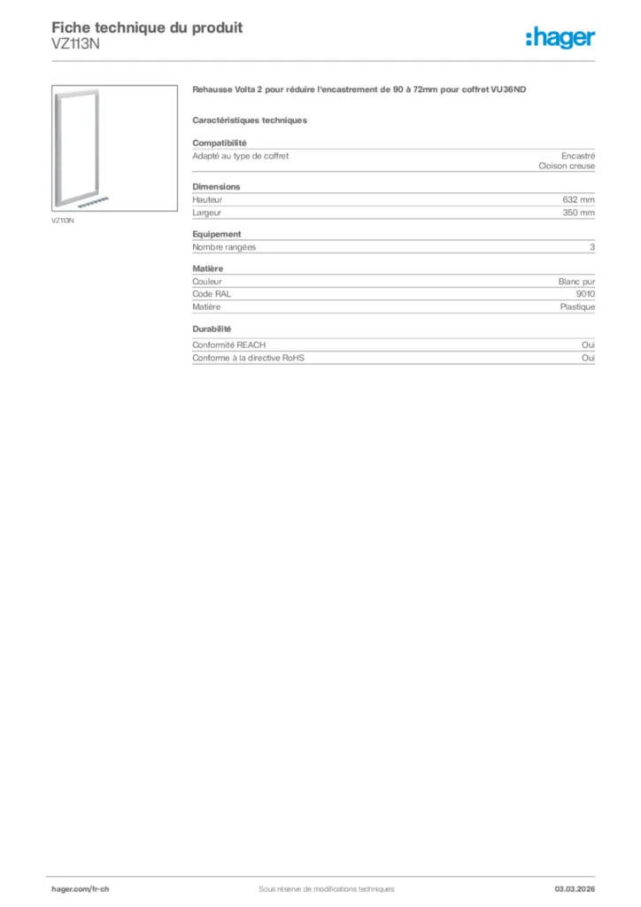 Image Hager Fiche technique du produit VZ113N | Hager Suisse