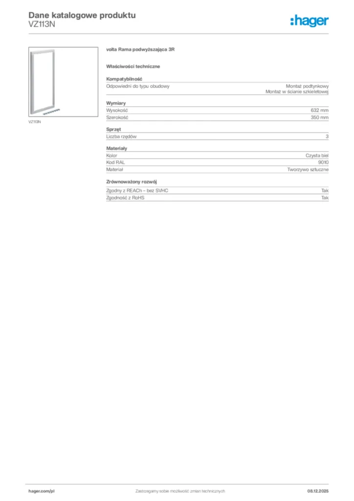 Zdjęcie Hager Karta katalogowa VZ113N | Hager Polska