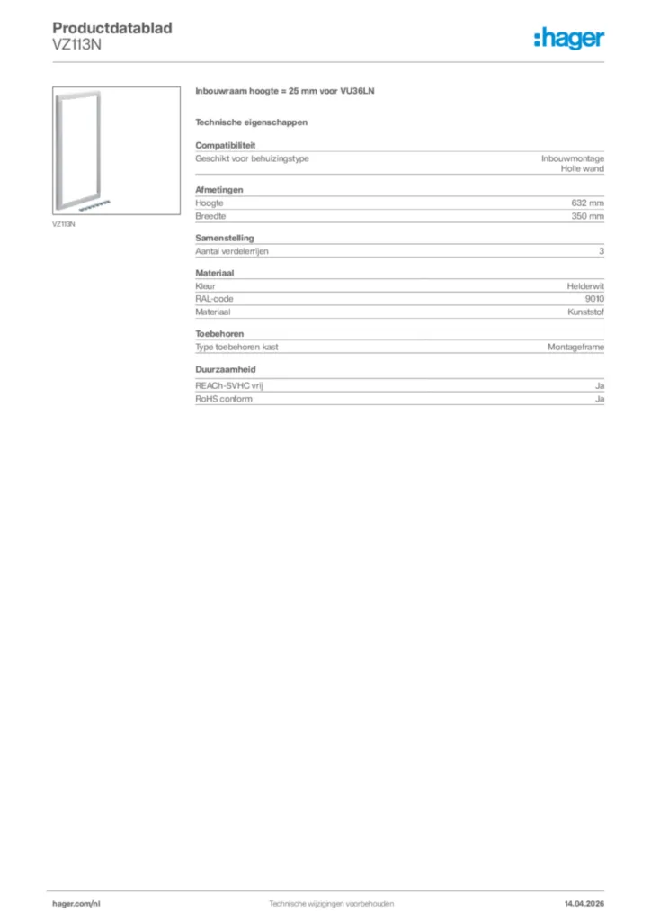 Afbeelding Hager Productdatablad VZ113N | Hager Nederland