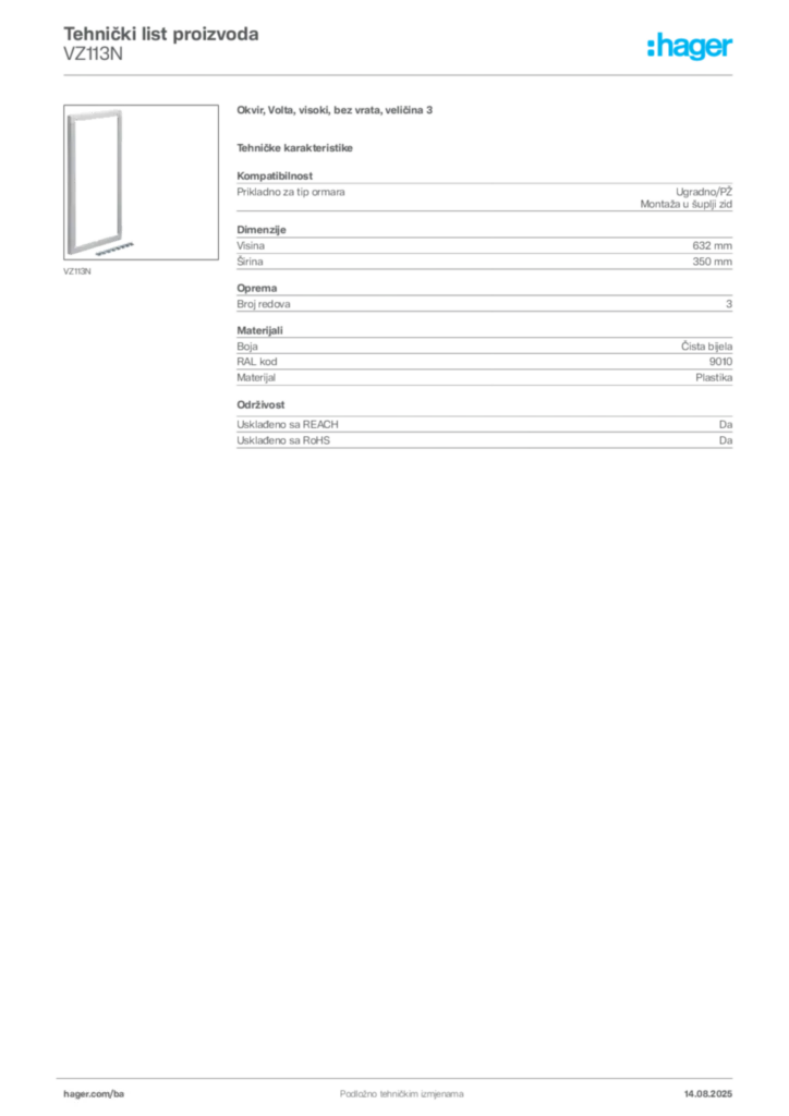 Slika Hager Product data sheet VZ113N  | Hager