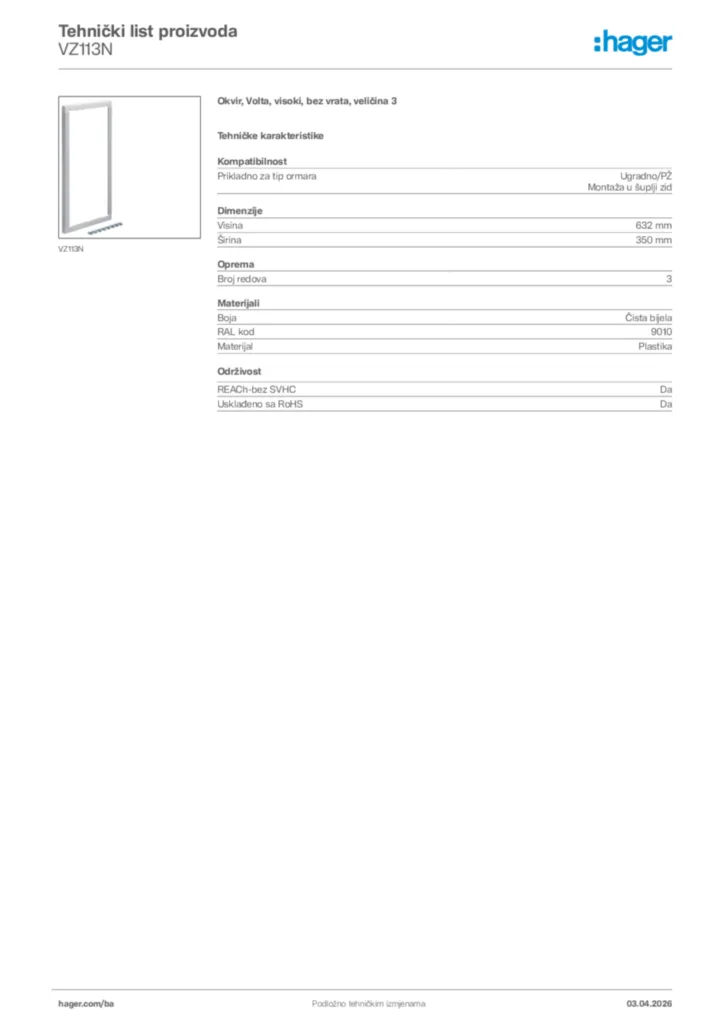 Slika Hager Tehnički list proizvoda VZ113N  | Hager