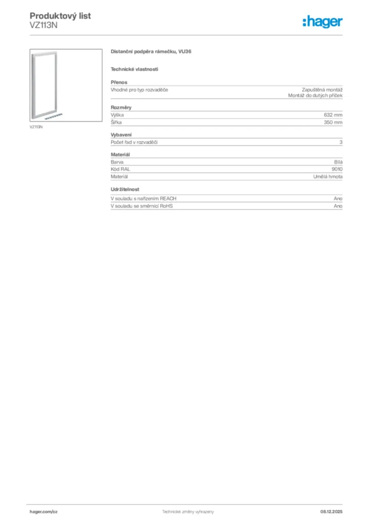 Obrázek Hager Product data sheet VZ113N | Hager