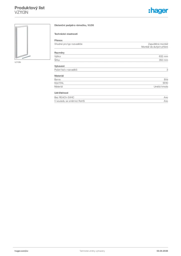 Obrázek Hager Product data sheet VZ113N | Hager
