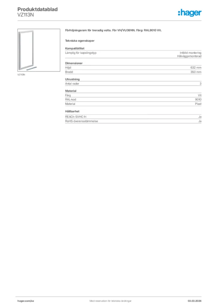 Bild Hager Produktdatablad VZ113N | Hager Sverige